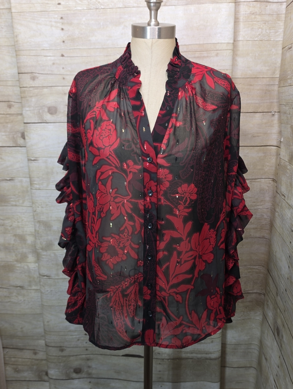 Chico's Black Sheer Blouse with Red Floral Print and Ruffles